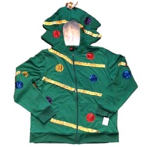 W UNISEX Full Zip Sequin Ornaments Gold Tinsel Christmas Tree w Pocket Sz XL NWT